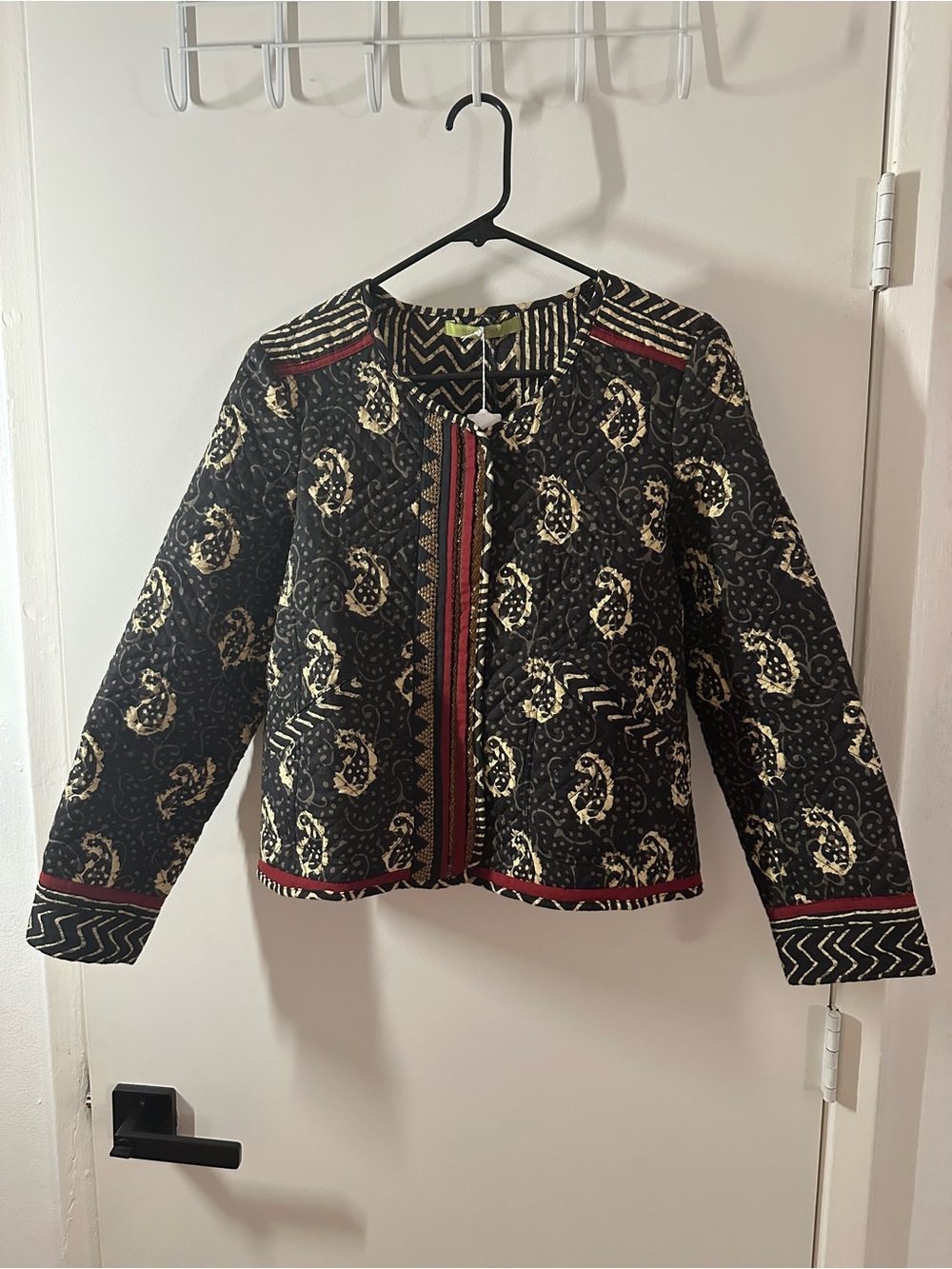 Patterned Black & Cream Women's Jacket with Red Trim